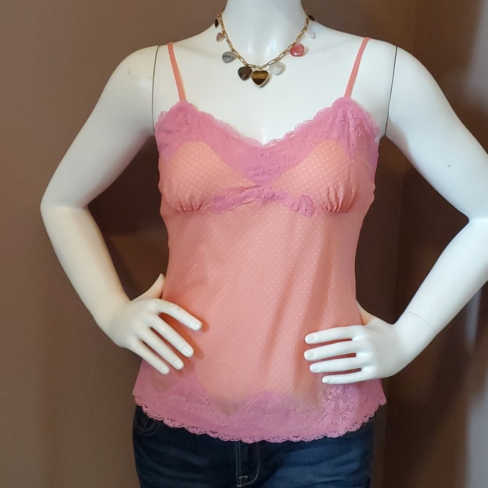 EXPRESS coral cotton & pink lace camisole M
